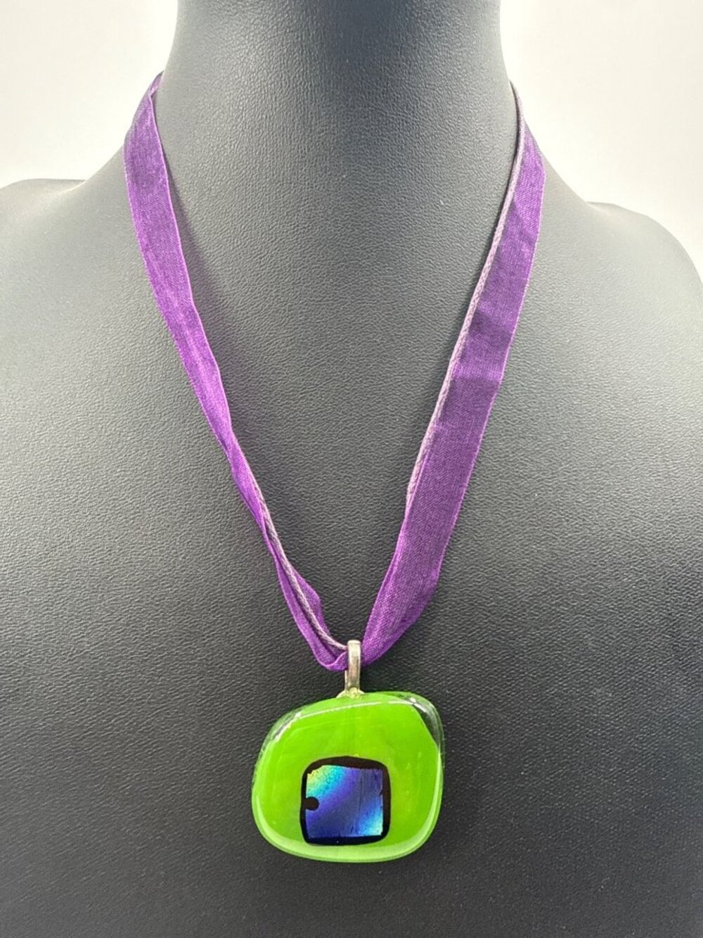 Dichroic Fused Art Glass Pendant Lime Green Purple Ribbon Choker Necklace